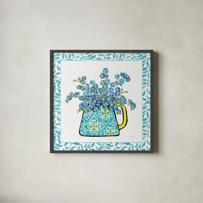 Floral Teacup IV Vine Border by Beth Grove. Shown in a sleek black glass frame for a contemporary gallery look. Available as an archival giclee rolled canvas, fine art paper, or poster print. SKU 33847a.
