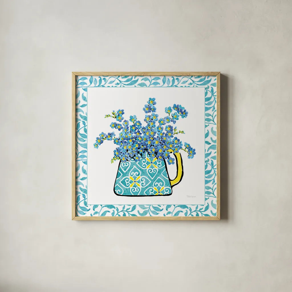 Floral Teacup IV Vine Border by Beth Grove. Shown in a natural wood glass frame for a timeless modern aesthetic. Available as an archival giclee rolled canvas, fine art paper, or poster print. SKU 33847a.