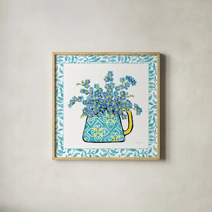 Floral Teacup IV Vine Border by Beth Grove. Shown in a natural wood glass frame for a timeless modern aesthetic. Available as an archival giclee rolled canvas, fine art paper, or poster print. SKU 33847a.