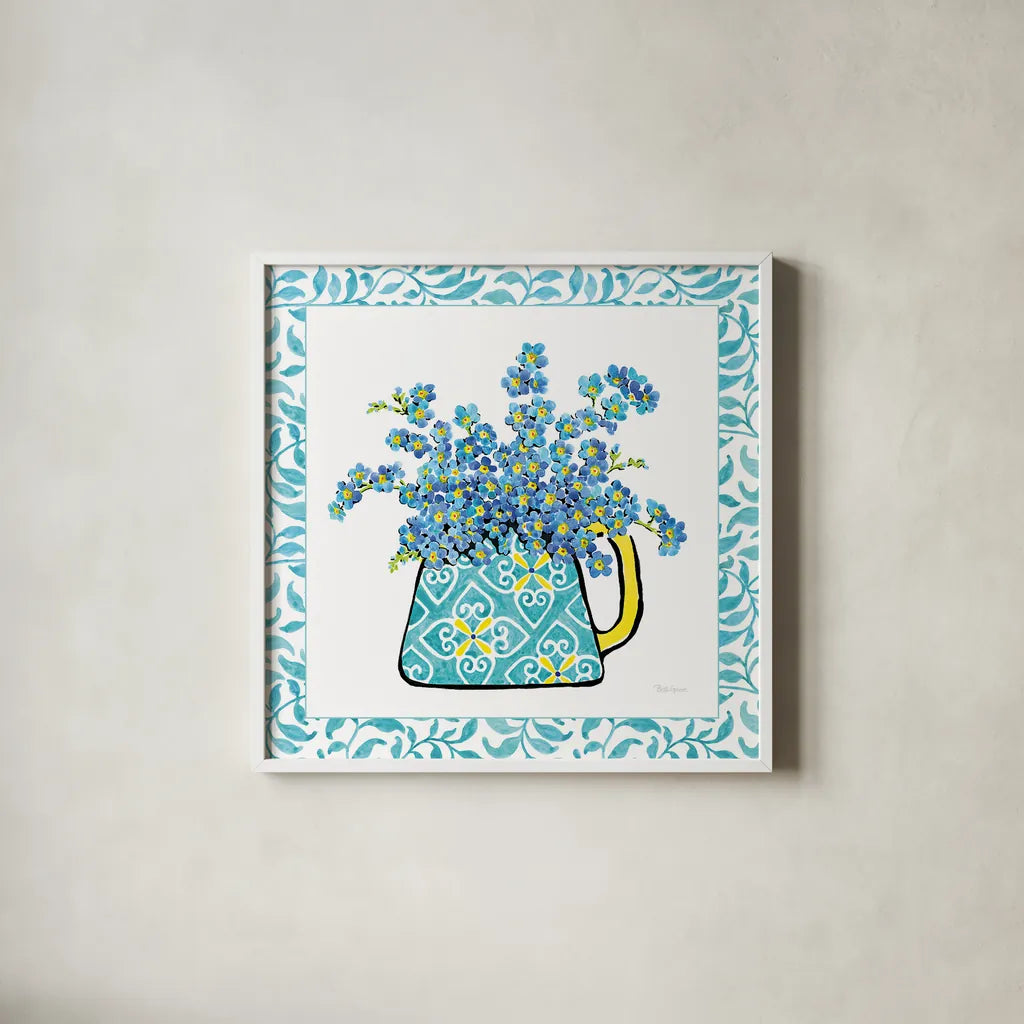 Floral Teacup IV Vine Border by Beth Grove. Shown in a crisp white glass frame for a clean and minimalist style. Available as an archival giclee rolled canvas, fine art paper, or poster print. SKU 33847a.