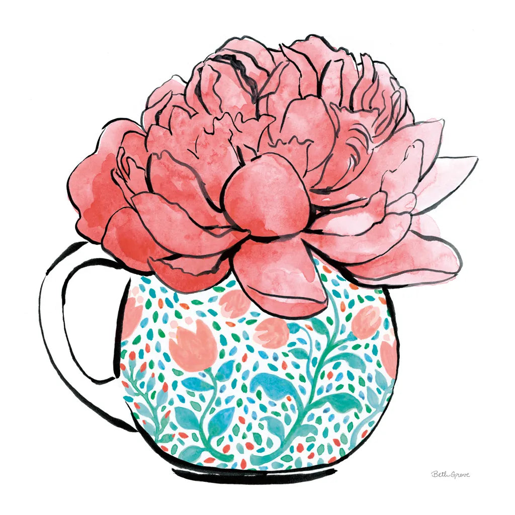 Floral Teacups I by Beth Grove. SKU 32787a. Archival Giclee Fine art print for wall decor.