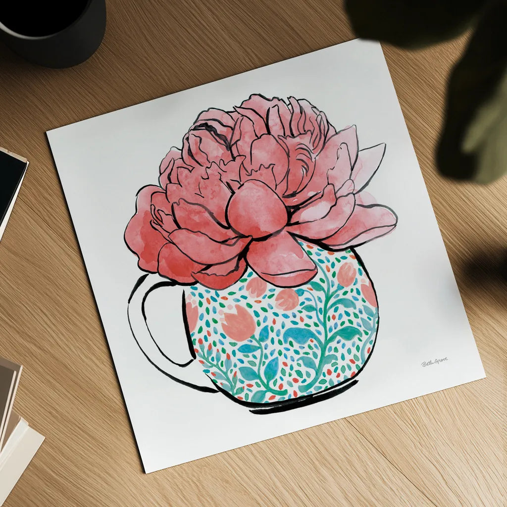 Floral Teacups I by Beth Grove. Shown as a detailed flat fine art print, highlighting archival giclee quality. Available as an archival giclee rolled canvas, fine art paper, or poster print. SKU 32787a.