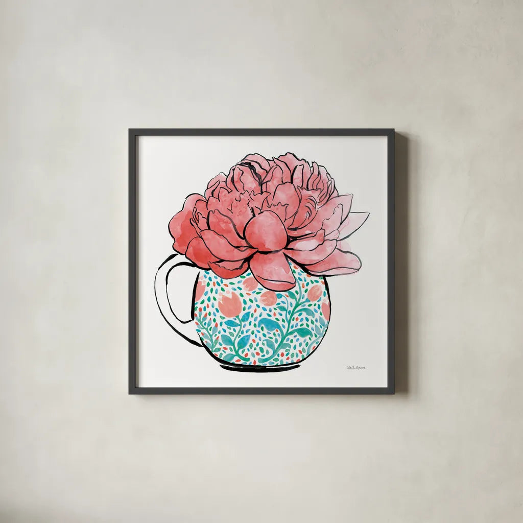 Floral Teacups I by Beth Grove. Shown in a sleek black glass frame for a contemporary gallery look. Available as an archival giclee rolled canvas, fine art paper, or poster print. SKU 32787a.
