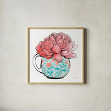 Floral Teacups I by Beth Grove. Shown in a natural wood glass frame for a timeless modern aesthetic. Available as an archival giclee rolled canvas, fine art paper, or poster print. SKU 32787a.
