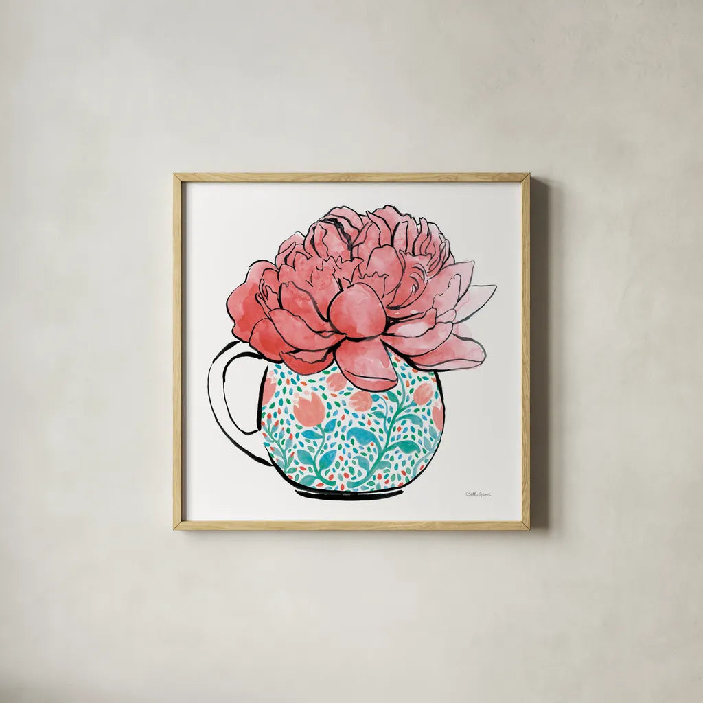 Floral Teacups I by Beth Grove. Shown in a natural wood glass frame for a timeless modern aesthetic. Available as an archival giclee rolled canvas, fine art paper, or poster print. SKU 32787a.