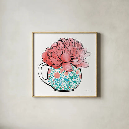 Floral Teacups I by Beth Grove. Shown in a natural wood glass frame for a timeless modern aesthetic. Available as an archival giclee rolled canvas, fine art paper, or poster print. SKU 32787a.