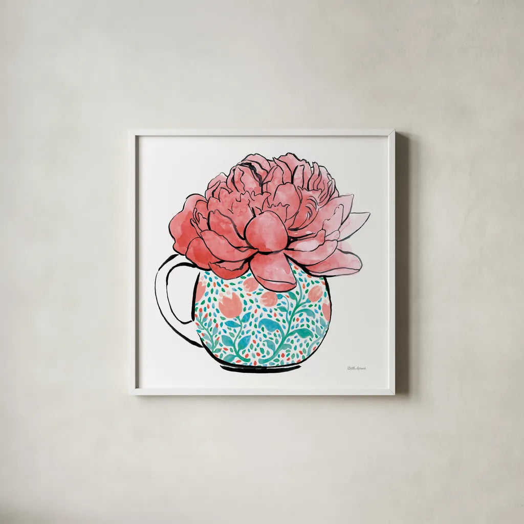 Floral Teacups I by Beth Grove. Shown in a crisp white glass frame for a clean and minimalist style. Available as an archival giclee rolled canvas, fine art paper, or poster print. SKU 32787a.