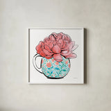 Floral Teacups I by Beth Grove. Shown in a crisp white glass frame for a clean and minimalist style. Available as an archival giclee rolled canvas, fine art paper, or poster print. SKU 32787a.
