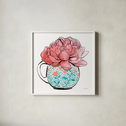Floral Teacups I by Beth Grove. Shown in a crisp white glass frame for a clean and minimalist style. Available as an archival giclee rolled canvas, fine art paper, or poster print. SKU 32787a.