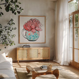 Floral Teacups I by Beth Grove. Shown in a natural wood frame in a cozy modern living room. Available as an archival giclee rolled canvas, fine art paper, or poster print. SKU 32787a.