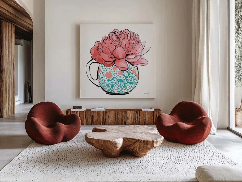 Floral Teacups I by Beth Grove. Shown as extra-large giant wall art in a modern living room. Available as an archival giclee rolled canvas, fine art paper, or poster print. SKU 32787a.