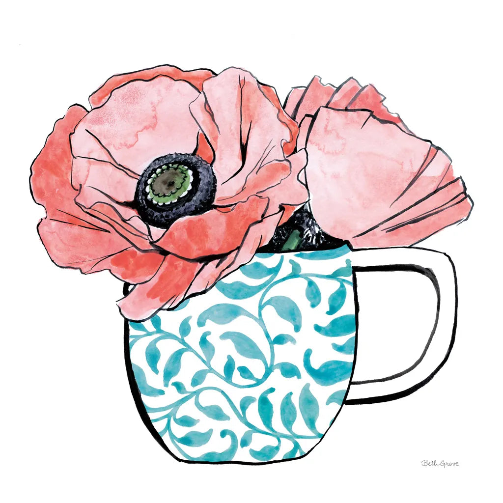 Floral Teacups II by Beth Grove. SKU 32788a. Archival Giclee Fine art print for wall decor.