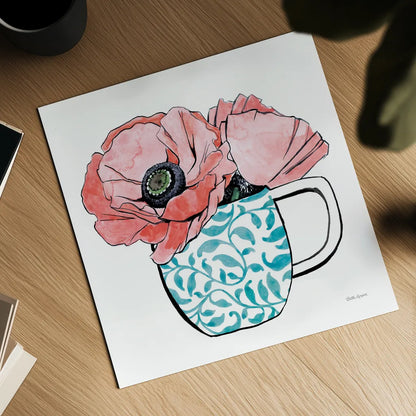 Floral Teacups II by Beth Grove. Shown as a detailed flat fine art print, highlighting archival giclee quality. Available as an archival giclee rolled canvas, fine art paper, or poster print. SKU 32788a.