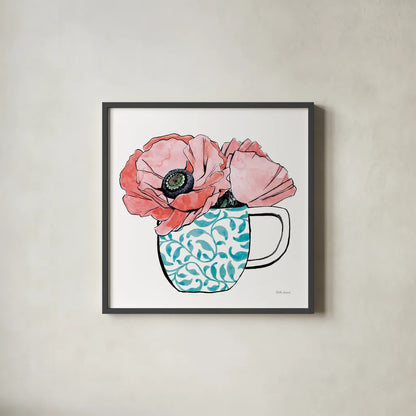 Floral Teacups II by Beth Grove. Shown in a sleek black glass frame for a contemporary gallery look. Available as an archival giclee rolled canvas, fine art paper, or poster print. SKU 32788a.