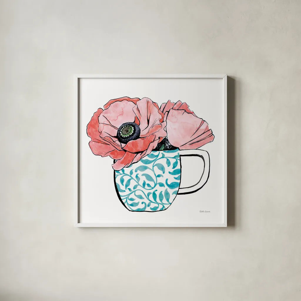 Floral Teacups II by Beth Grove. Shown in a crisp white glass frame for a clean and minimalist style. Available as an archival giclee rolled canvas, fine art paper, or poster print. SKU 32788a.