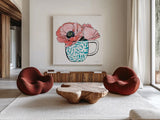 Floral Teacups II by Beth Grove. Shown as extra-large giant wall art in a modern living room. Available as an archival giclee rolled canvas, fine art paper, or poster print. SKU 32788a.