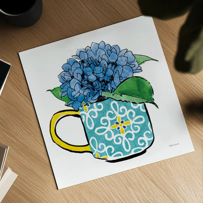 Floral Teacups III by Beth Grove. Shown as a detailed flat fine art print, highlighting archival giclee quality. Available as an archival giclee rolled canvas, fine art paper, or poster print. SKU 32789a.