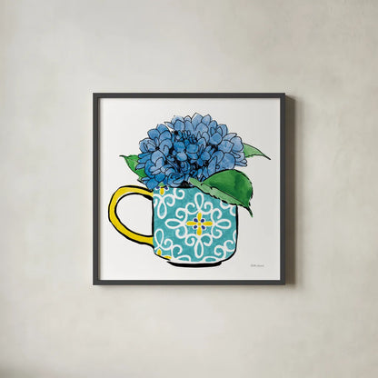 Floral Teacups III by Beth Grove. Shown in a sleek black glass frame for a contemporary gallery look. Available as an archival giclee rolled canvas, fine art paper, or poster print. SKU 32789a.