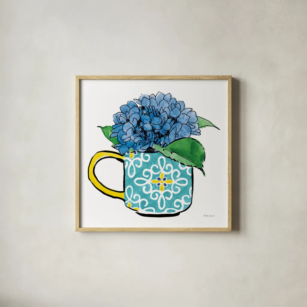 Floral Teacups III by Beth Grove. Shown in a natural wood glass frame for a timeless modern aesthetic. Available as an archival giclee rolled canvas, fine art paper, or poster print. SKU 32789a.
