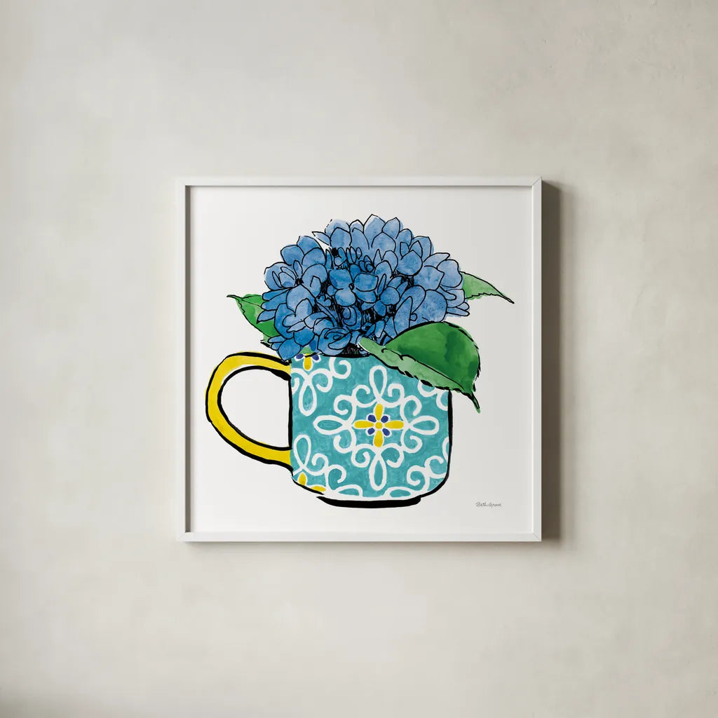 Floral Teacups III by Beth Grove. Shown in a crisp white glass frame for a clean and minimalist style. Available as an archival giclee rolled canvas, fine art paper, or poster print. SKU 32789a.