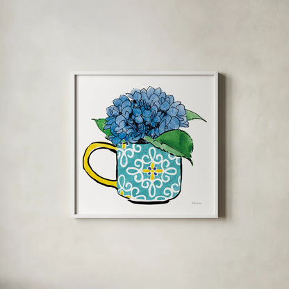 Floral Teacups III by Beth Grove. Shown in a crisp white glass frame for a clean and minimalist style. Available as an archival giclee rolled canvas, fine art paper, or poster print. SKU 32789a.