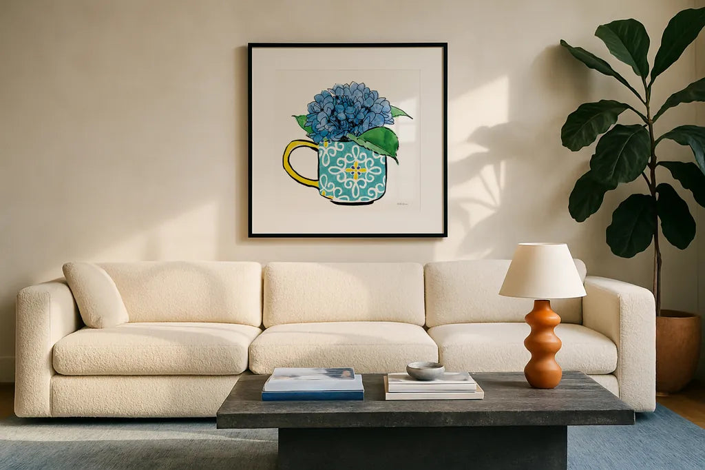 Floral Teacups III by Beth Grove. Displayed in a glass frame with matte in a clean modern living room. Available as an archival giclee rolled canvas, fine art paper, or poster print. SKU 32789a.