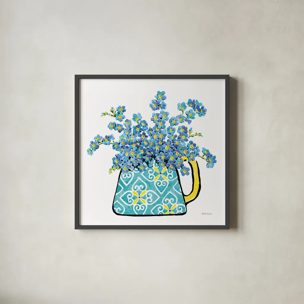 Floral Teacups IV by Beth Grove. Shown in a sleek black glass frame for a contemporary gallery look. Available as an archival giclee rolled canvas, fine art paper, or poster print. SKU 32790a.