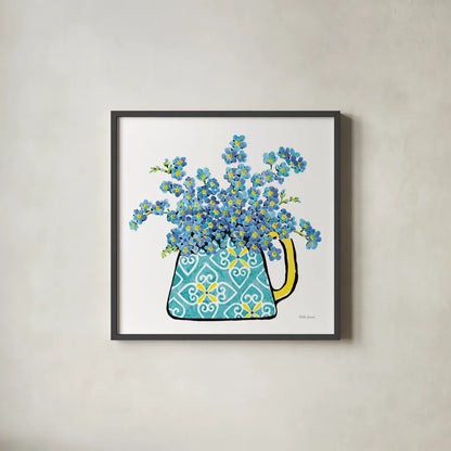 Floral Teacups IV by Beth Grove. Shown in a sleek black glass frame for a contemporary gallery look. Available as an archival giclee rolled canvas, fine art paper, or poster print. SKU 32790a.