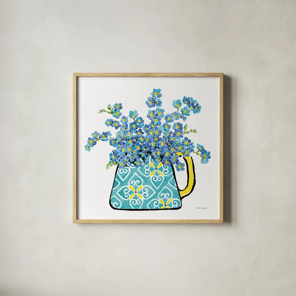 Floral Teacups IV by Beth Grove. Shown in a natural wood glass frame for a timeless modern aesthetic. Available as an archival giclee rolled canvas, fine art paper, or poster print. SKU 32790a.