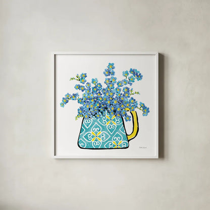 Floral Teacups IV by Beth Grove. Shown in a crisp white glass frame for a clean and minimalist style. Available as an archival giclee rolled canvas, fine art paper, or poster print. SKU 32790a.