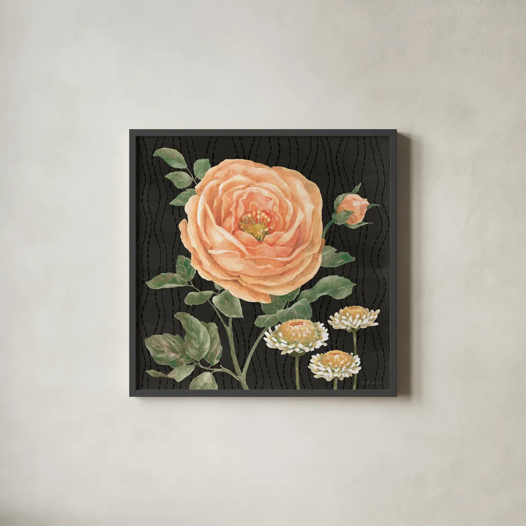 Flower Show II by Beth Grove. Shown in a sleek black glass frame for a contemporary gallery look. Available as an archival giclee rolled canvas, fine art paper, or poster print. SKU 87007a.