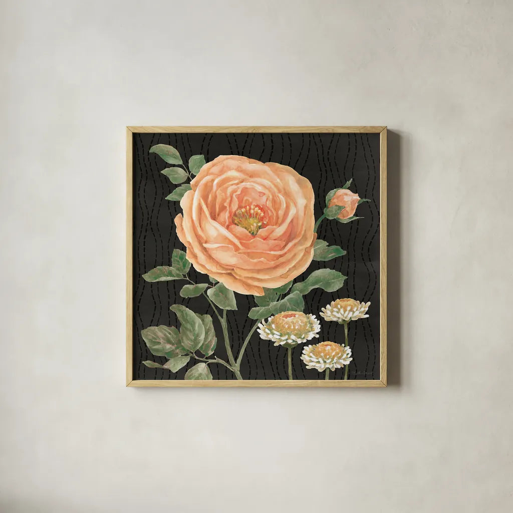 Flower Show II by Beth Grove. Shown in a natural wood glass frame for a timeless modern aesthetic. Available as an archival giclee rolled canvas, fine art paper, or poster print. SKU 87007a.