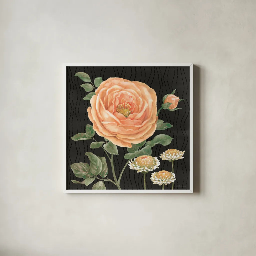 Flower Show II by Beth Grove. Shown in a crisp white glass frame for a clean and minimalist style. Available as an archival giclee rolled canvas, fine art paper, or poster print. SKU 87007a.