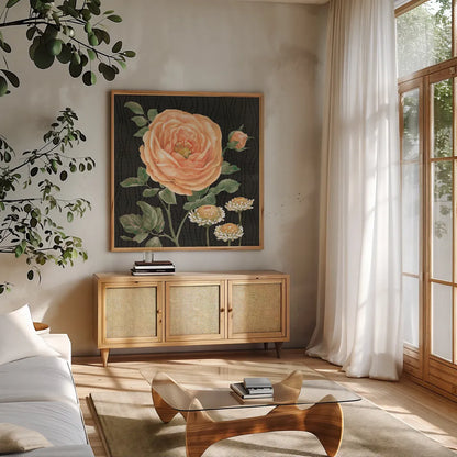 Flower Show II by Beth Grove. Shown in a natural wood frame in a cozy modern living room. Available as an archival giclee rolled canvas, fine art paper, or poster print. SKU 87007a.