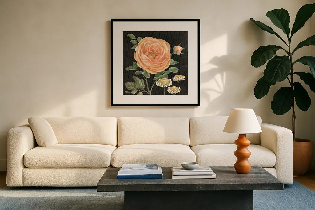 Flower Show II by Beth Grove. Displayed in a glass frame with matte in a clean modern living room. Available as an archival giclee rolled canvas, fine art paper, or poster print. SKU 87007a.