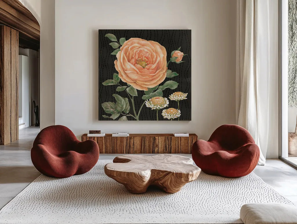 Flower Show II by Beth Grove. Shown as extra-large giant wall art in a modern living room. Available as an archival giclee rolled canvas, fine art paper, or poster print. SKU 87007a.