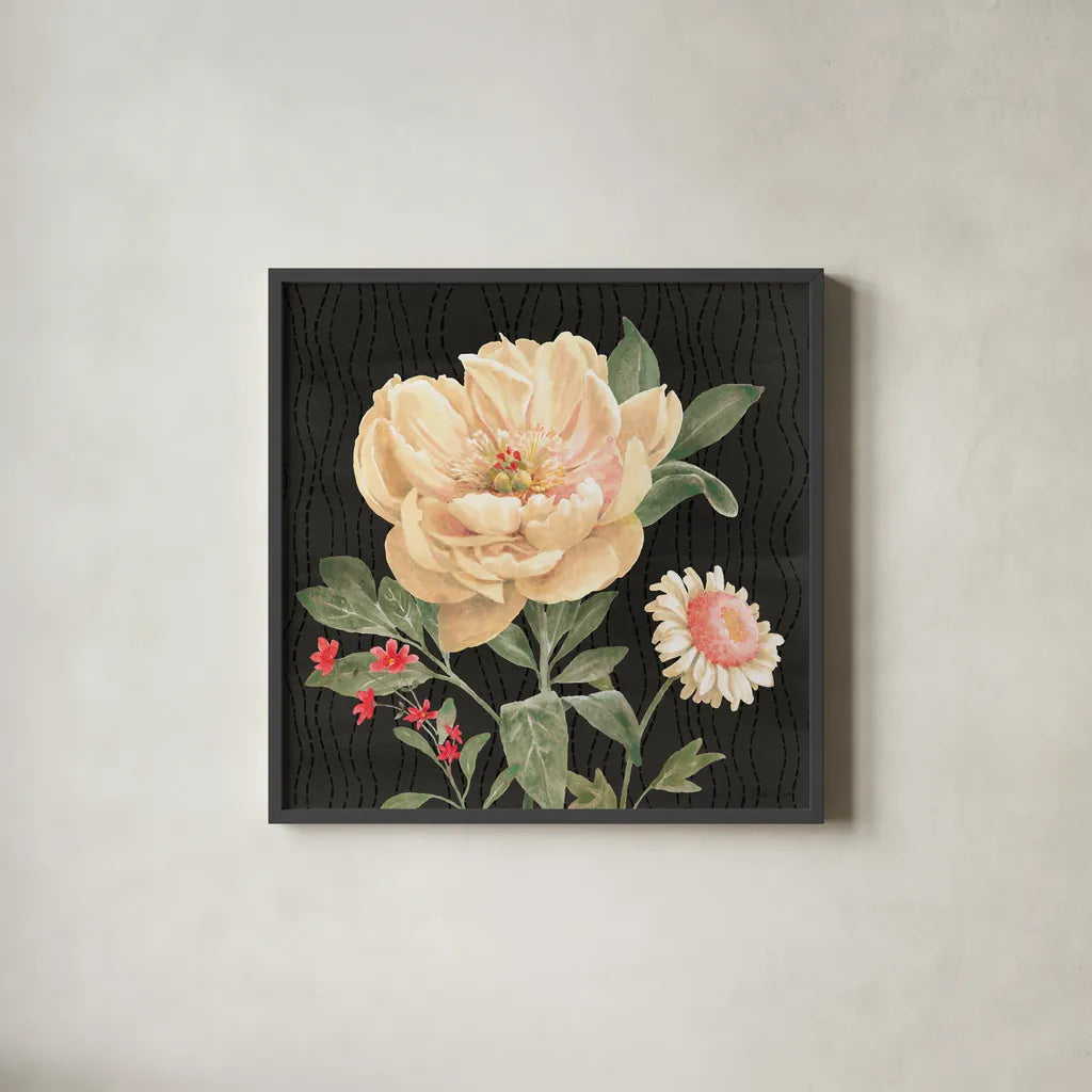 Flower Show III by Beth Grove. Shown in a sleek black glass frame for a contemporary gallery look. Available as an archival giclee rolled canvas, fine art paper, or poster print. SKU 87008a.