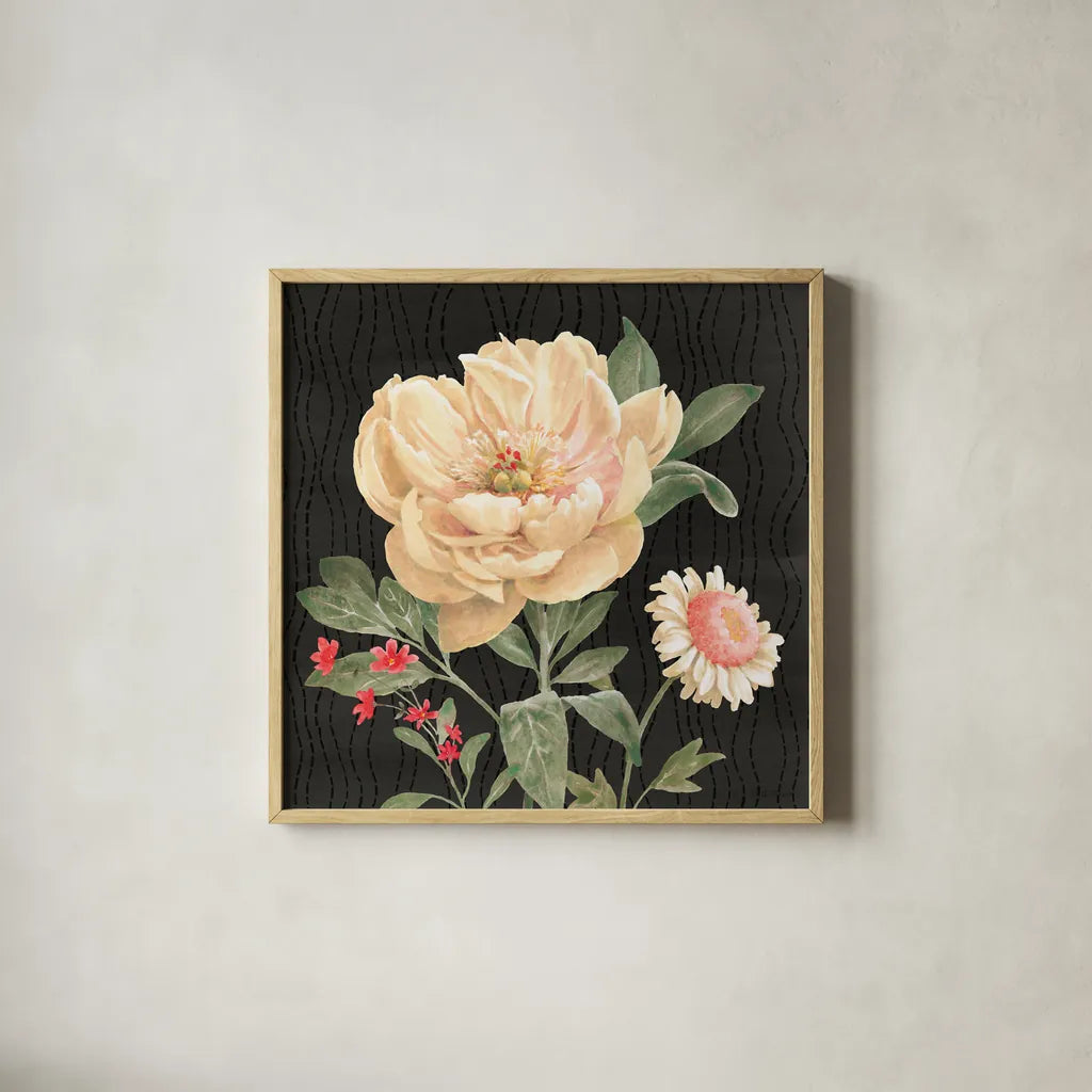 Flower Show III by Beth Grove. Shown in a natural wood glass frame for a timeless modern aesthetic. Available as an archival giclee rolled canvas, fine art paper, or poster print. SKU 87008a.