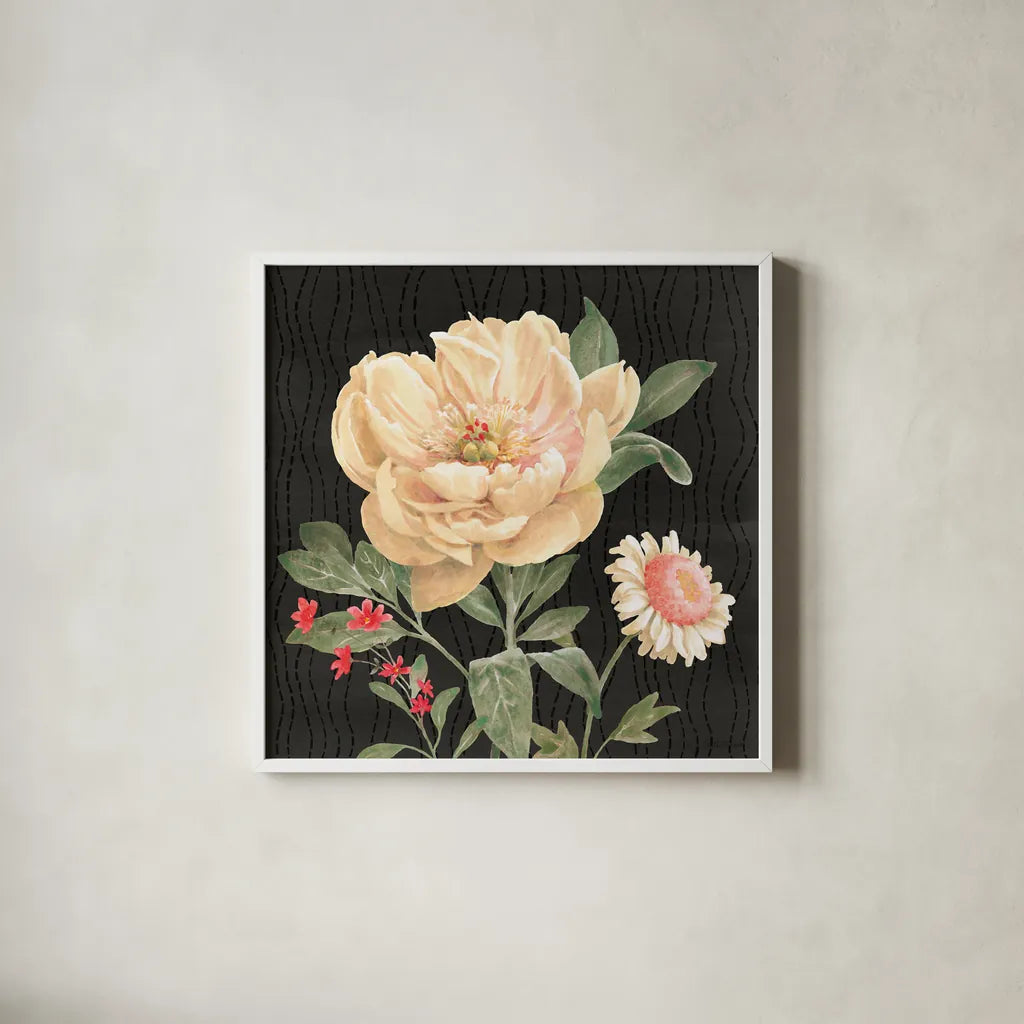 Flower Show III by Beth Grove. Shown in a crisp white glass frame for a clean and minimalist style. Available as an archival giclee rolled canvas, fine art paper, or poster print. SKU 87008a.