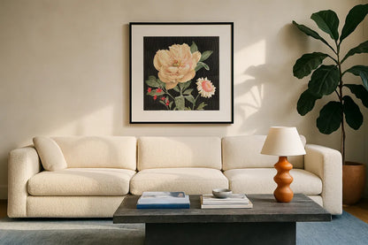 Flower Show III by Beth Grove. Displayed in a glass frame with matte in a clean modern living room. Available as an archival giclee rolled canvas, fine art paper, or poster print. SKU 87008a.