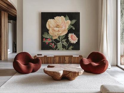Flower Show III by Beth Grove. Shown as extra-large giant wall art in a modern living room. Available as an archival giclee rolled canvas, fine art paper, or poster print. SKU 87008a.