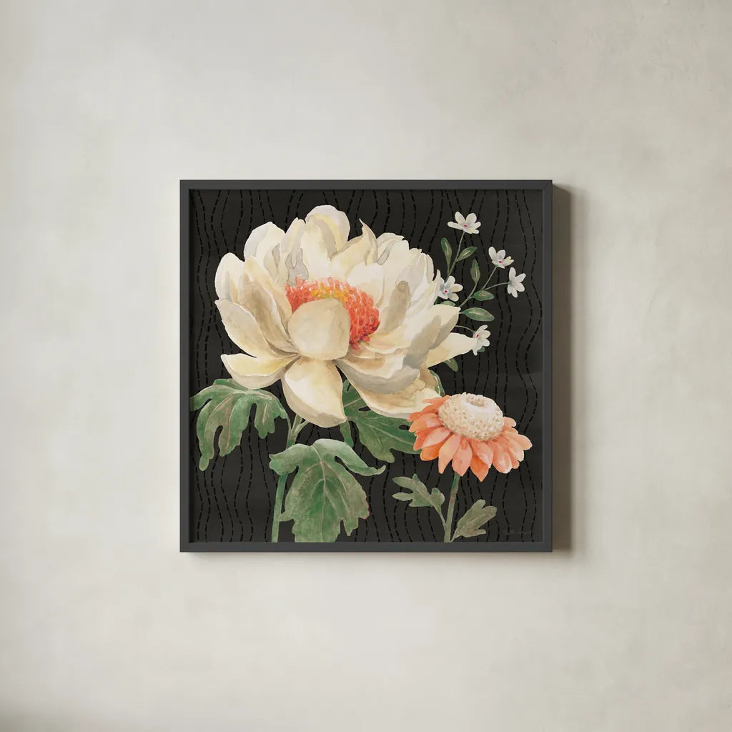 Flower Show IV by Beth Grove. Shown in a sleek black glass frame for a contemporary gallery look. Available as an archival giclee rolled canvas, fine art paper, or poster print. SKU 87009a.