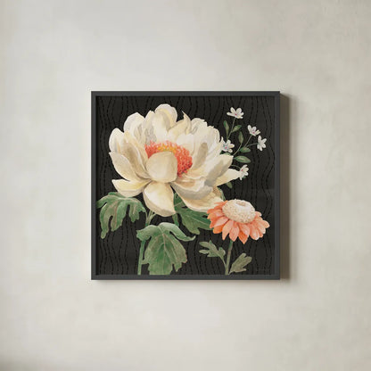 Flower Show IV by Beth Grove. Shown in a sleek black glass frame for a contemporary gallery look. Available as an archival giclee rolled canvas, fine art paper, or poster print. SKU 87009a.
