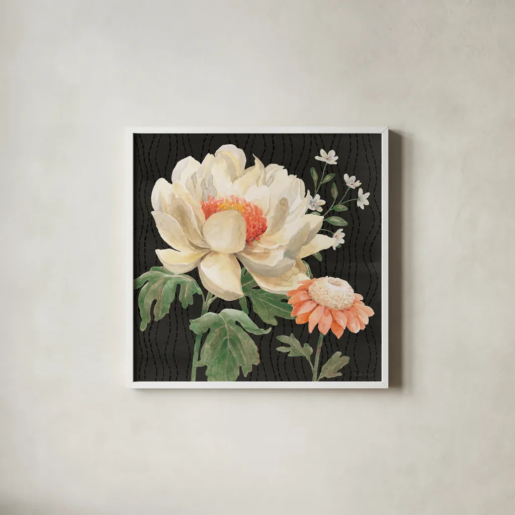 Flower Show IV by Beth Grove. Shown in a crisp white glass frame for a clean and minimalist style. Available as an archival giclee rolled canvas, fine art paper, or poster print. SKU 87009a.