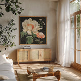 Flower Show IV by Beth Grove. Shown in a natural wood frame in a cozy modern living room. Available as an archival giclee rolled canvas, fine art paper, or poster print. SKU 87009a.