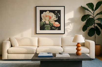 Flower Show IV by Beth Grove. Displayed in a glass frame with matte in a clean modern living room. Available as an archival giclee rolled canvas, fine art paper, or poster print. SKU 87009a.