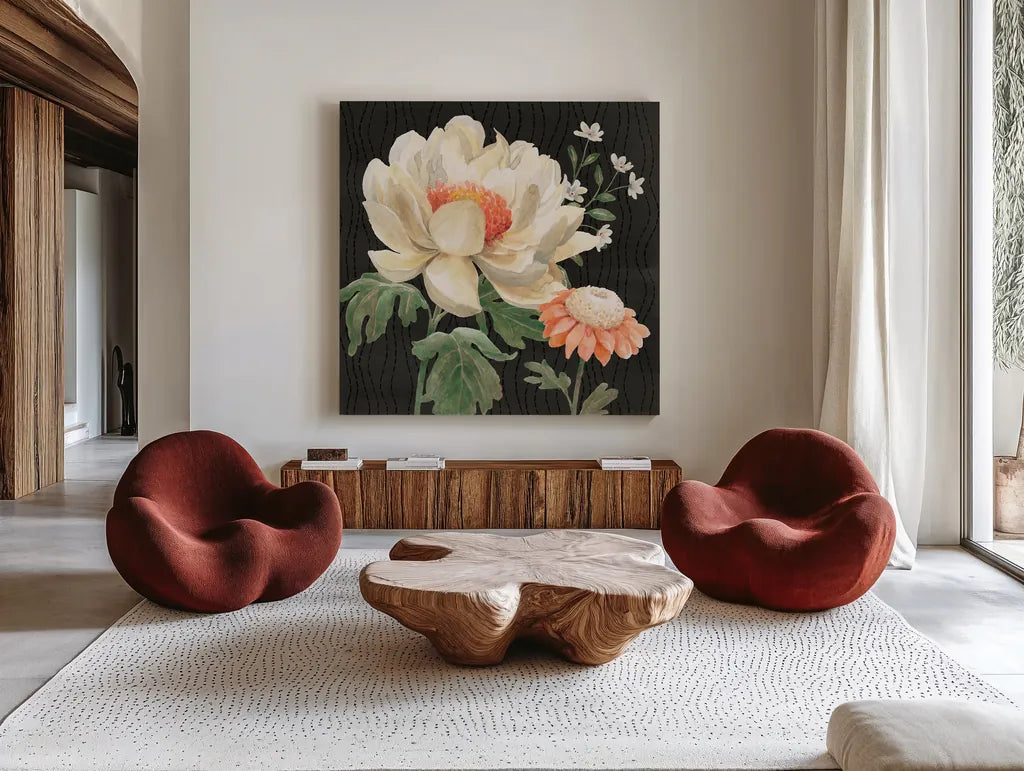Flower Show IV by Beth Grove. Shown as extra-large giant wall art in a modern living room. Available as an archival giclee rolled canvas, fine art paper, or poster print. SKU 87009a.