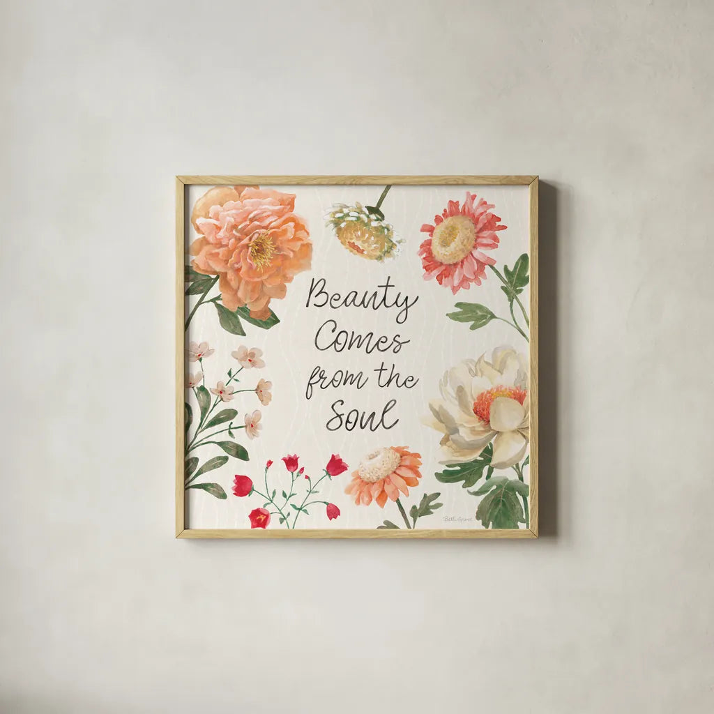 Flower Show IX by Beth Grove. Shown in a natural wood glass frame for a timeless modern aesthetic. Available as an archival giclee rolled canvas, fine art paper, or poster print. SKU 87014a.