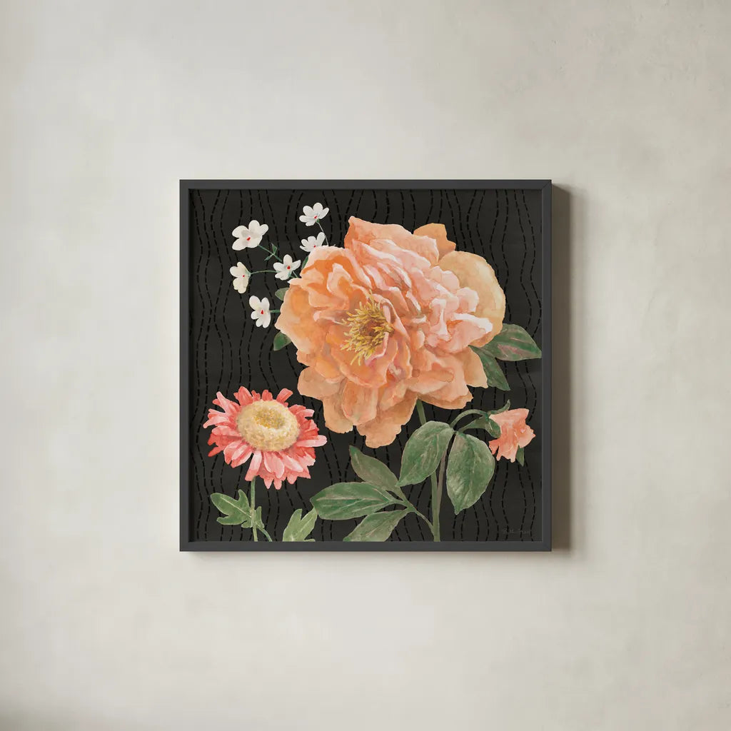 Flower Show V by Beth Grove. Shown in a sleek black glass frame for a contemporary gallery look. Available as an archival giclee rolled canvas, fine art paper, or poster print. SKU 87010a.