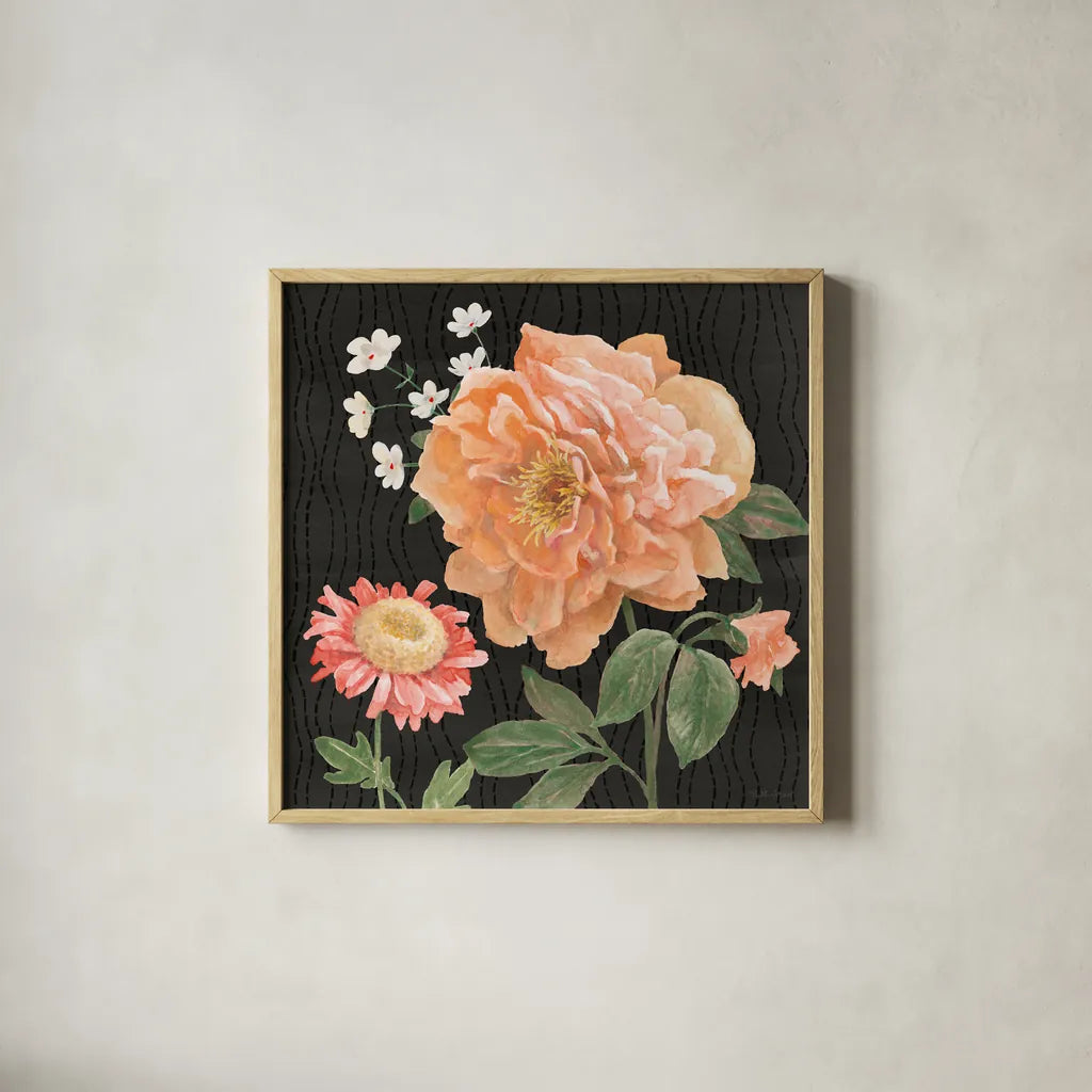 Flower Show V by Beth Grove. Shown in a natural wood glass frame for a timeless modern aesthetic. Available as an archival giclee rolled canvas, fine art paper, or poster print. SKU 87010a.